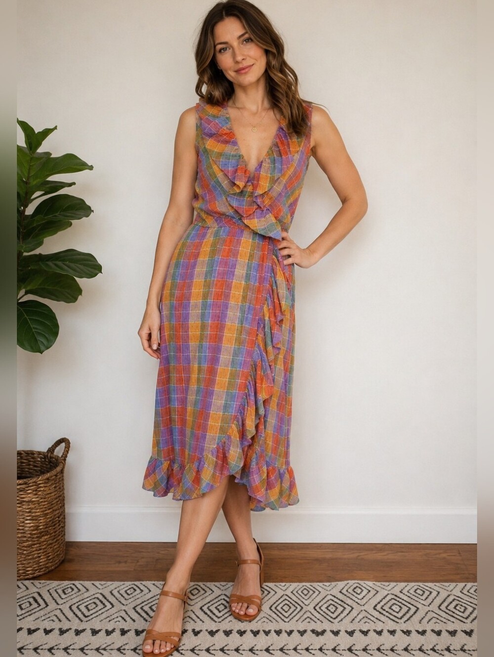 Vintage 70s ILGWU Union Made in USA Rainbow Plaid Ruffle Midi Faux Wrap Dress 11